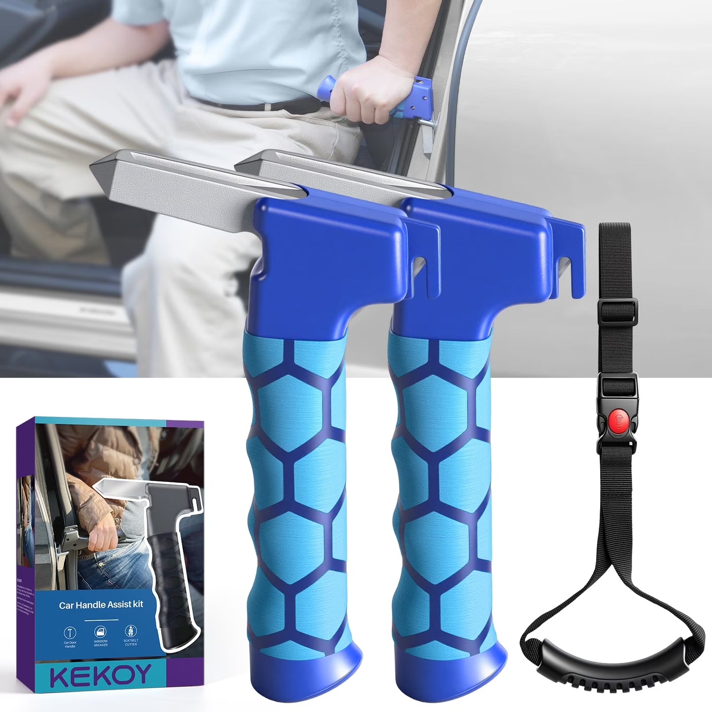 Car Door Assist Handle - 4-in-1 Mobility Aid with Window Breaker & Seat Belt Cutter