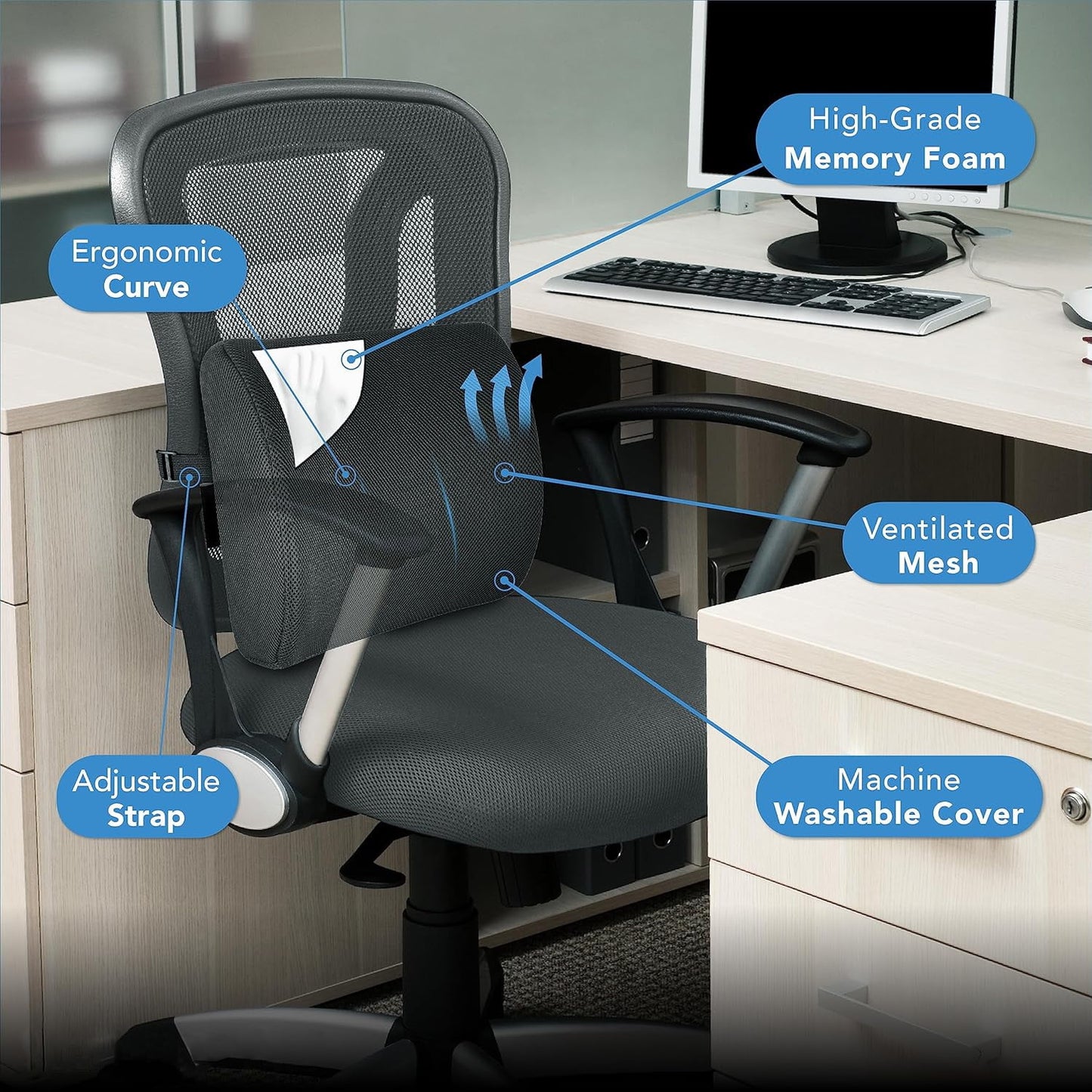 Memory Foam Lumbar Support Pillow - Back Pain Relief for Office & Car